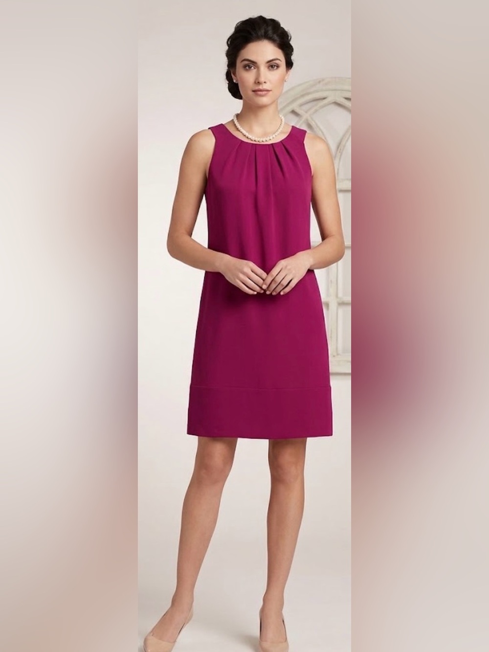 NWT Oleg Cassini Magenta Pleated High Neck Shift Dress elegant wedding Guest